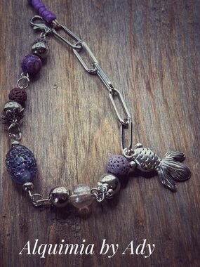 Silver-Tone anklet Bracelet with Purple stones Beads and Fish Charm